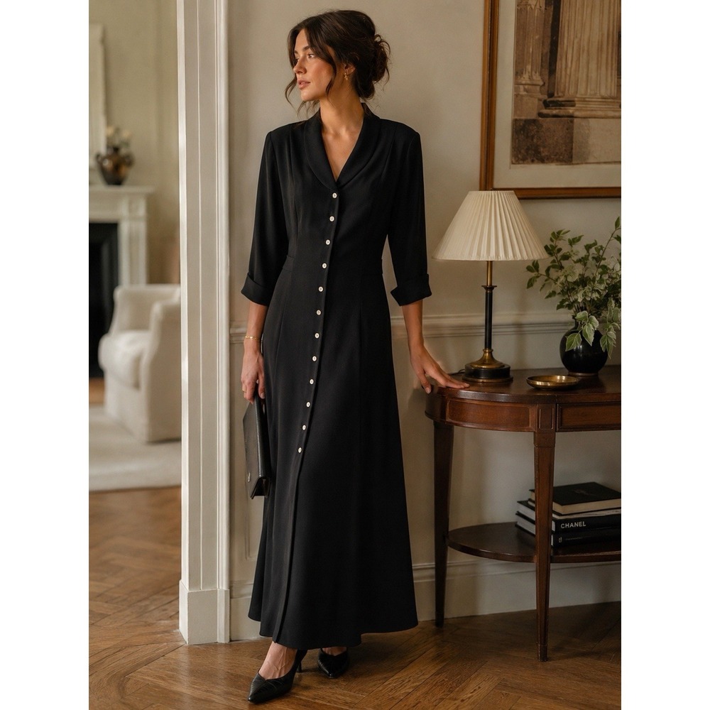David Warren Dress 14 Black Button Front Maxi Fit Flare Minimalist Evening